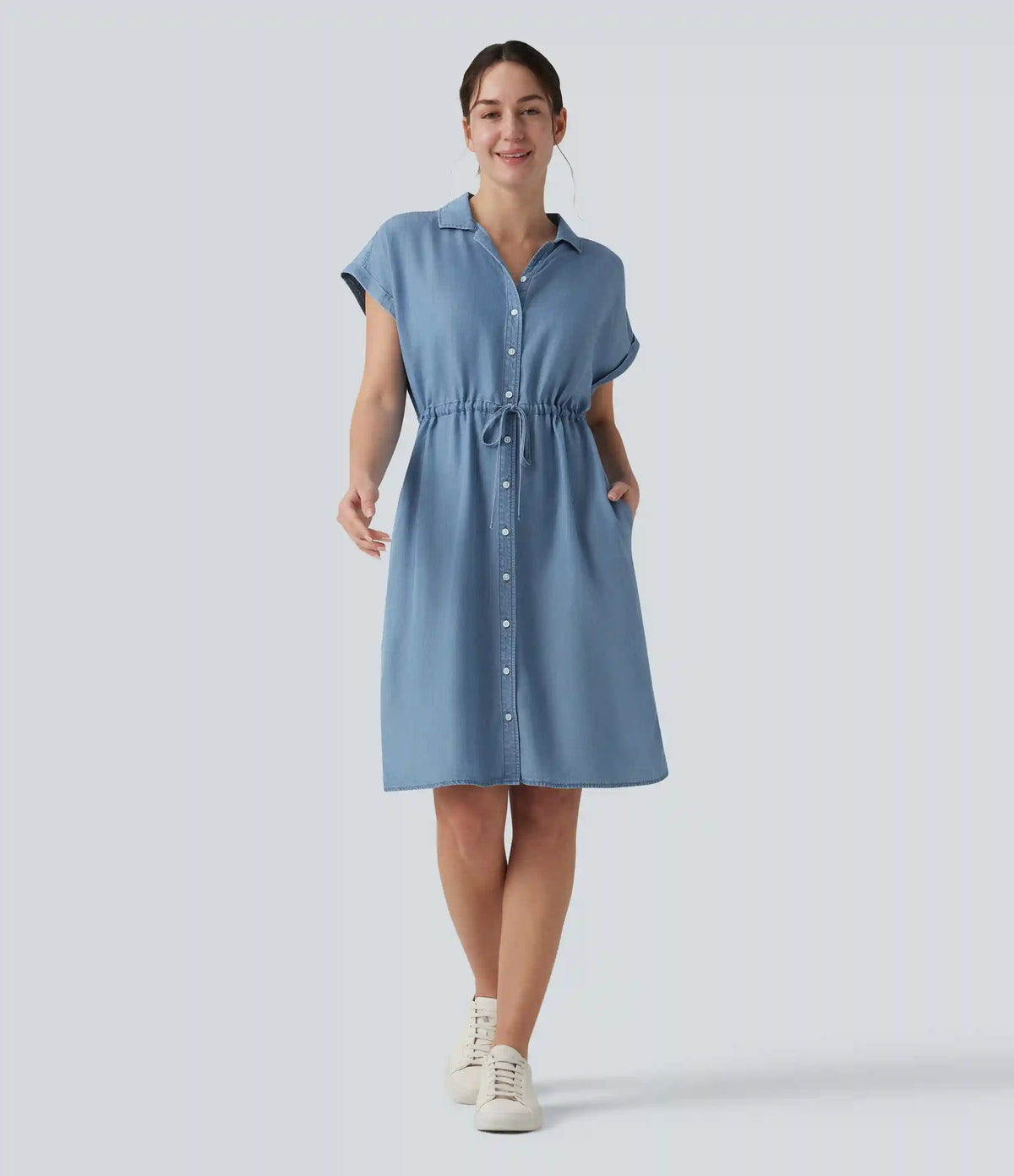 Collared Drawstring Button Fly Draped Casual Denim Shirt Dress with Pockets
