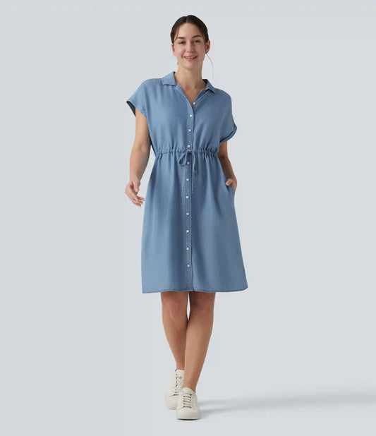 Collared Drawstring Button Fly Draped Casual Denim Shirt Dress with Pockets
