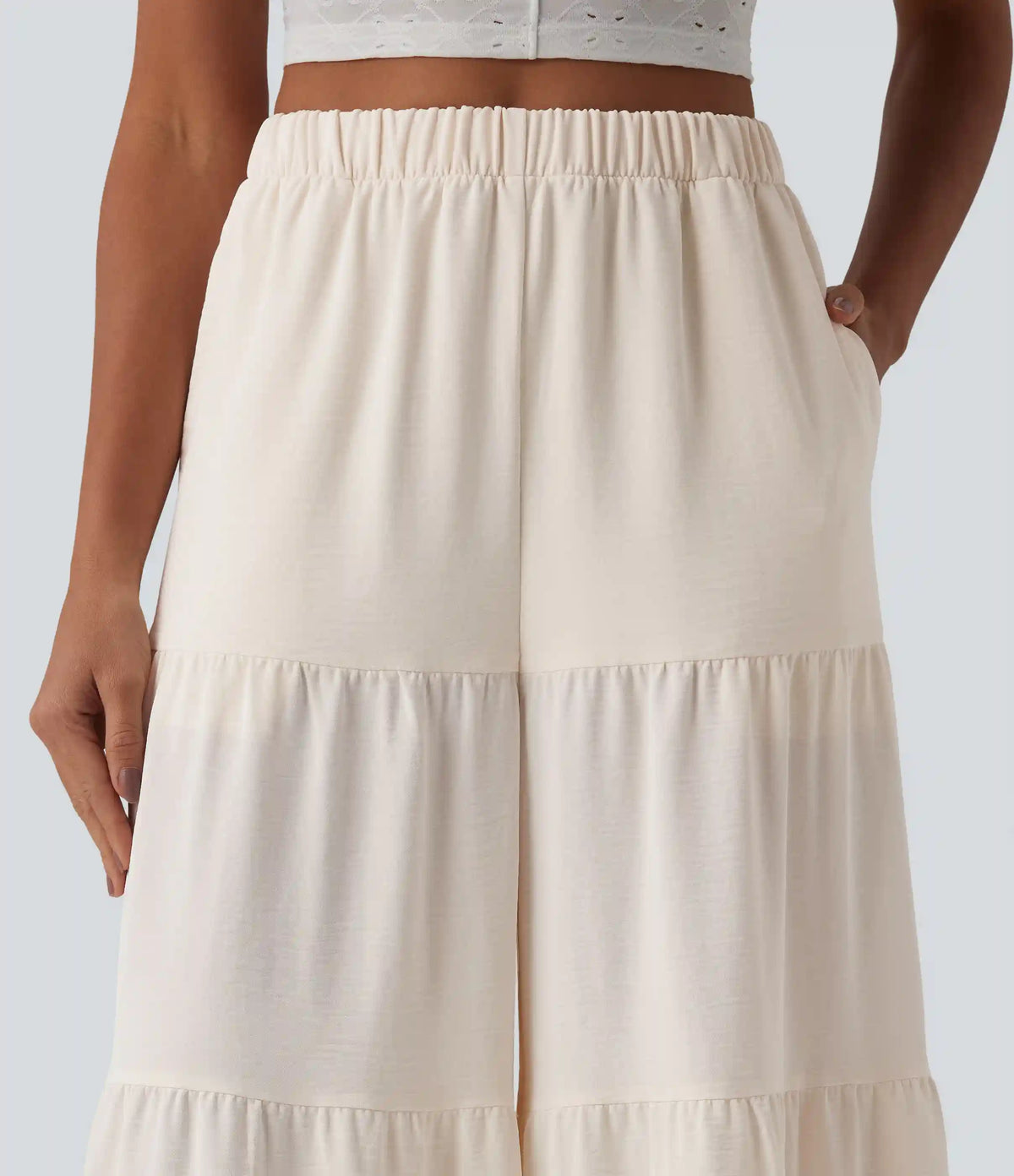 High Waisted Wide Leg Flowy Linen-Feel Pants with Pockets