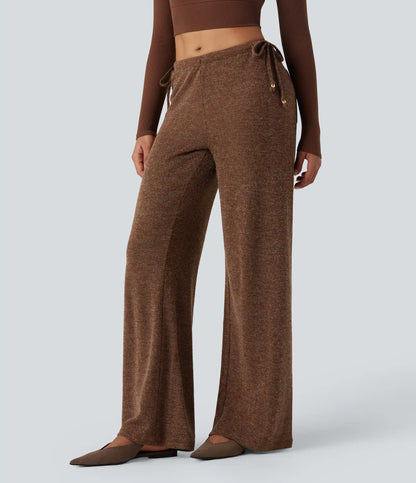 Ribbed Knit Sparkle Mid Rise Drawstring Wide Leg Casual Pants with Pockets