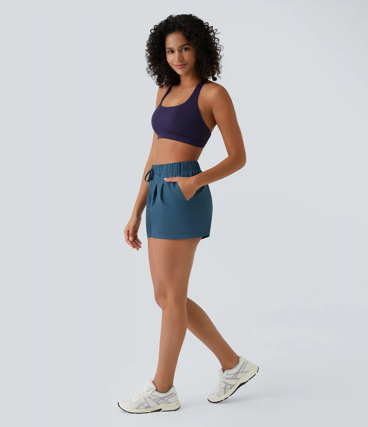 High Waisted Elastic Waistband Drawstring Pleated Yoga Shorts 3" with Pockets