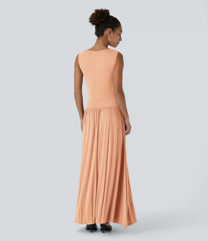 Ribbed Boat Neck Asymmetric Strap Ruched Pocket Flowy Maxi Casual Dress