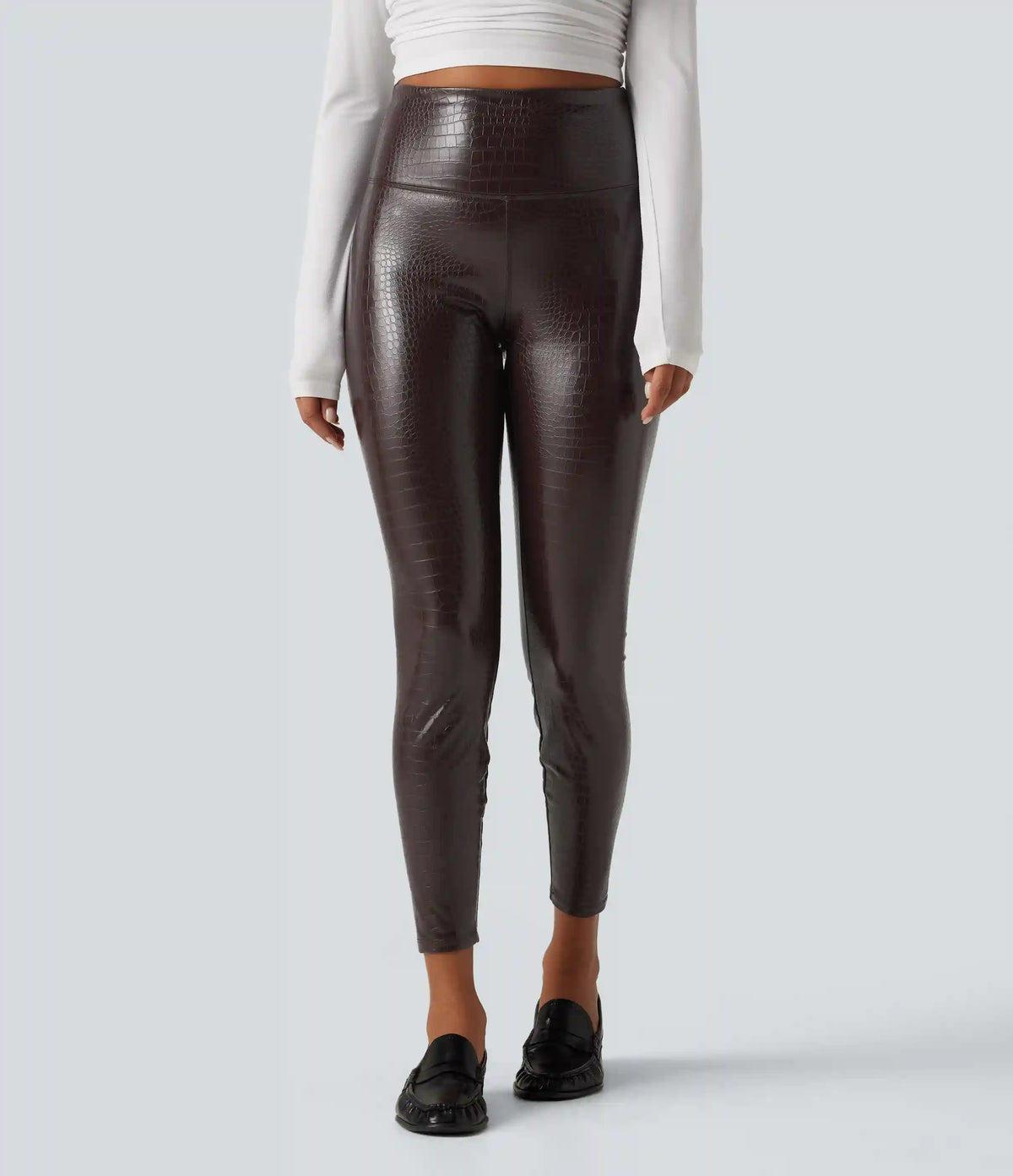High Waisted Tummy Control Snakeskin Print Stretchy PU Fleece Skinny Casual Leggings with Pockets