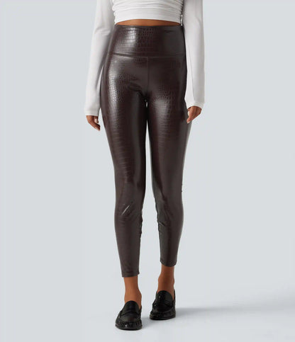 High Waisted Tummy Control Snakeskin Print Stretchy PU Fleece Skinny Casual Leggings with Pockets