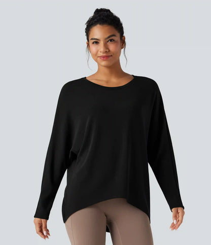 Scoop Neck Long Sleeve High-Low Oversized Thermal Casual Top