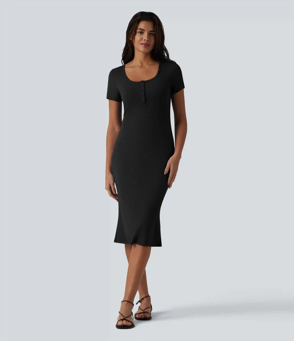 Ribbed Knit Henley Short Sleeve Midi Bodycon Mermaid Casual Dress
