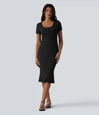 Ribbed Knit Henley Short Sleeve Midi Bodycon Mermaid Casual Dress