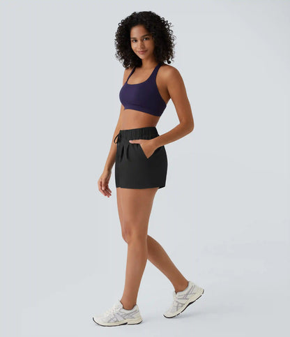 High Waisted Elastic Waistband Drawstring Pleated Yoga Shorts 3" with Pockets