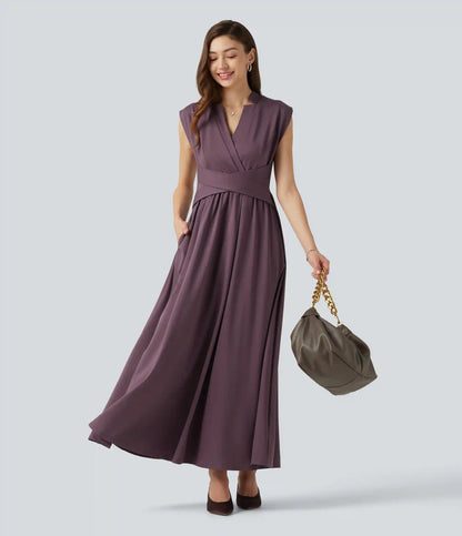 V Neck Sleeveless Flowy Midi Work Dress with Pockets