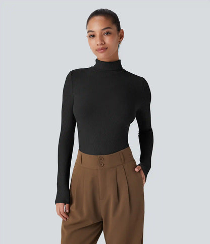 Ribbed Knit High Collar Long Sleeve Casual Top