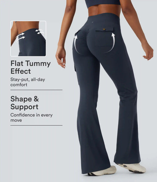 DayStretch High Waisted Tummy Control Ruched Workout Flare Pants with Pockets