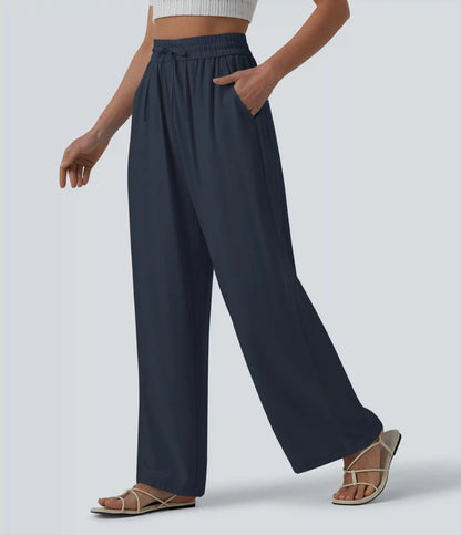 High Waisted Drawstring Wide Leg Casual Linen-Blend Pants with Pockets