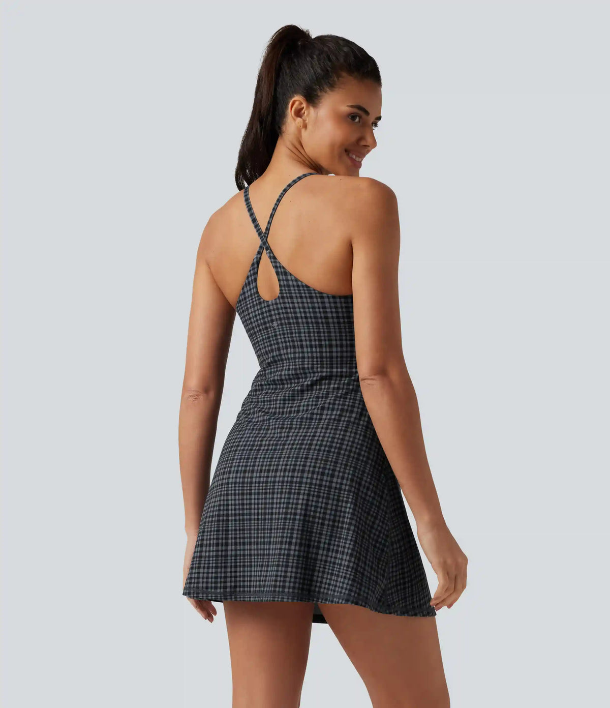 Halara UltraSculpt™ Plaid Print Built-in Bra 2-in-1 Mini Dance Active Dress with Pockets-Easy Peezy Edition
