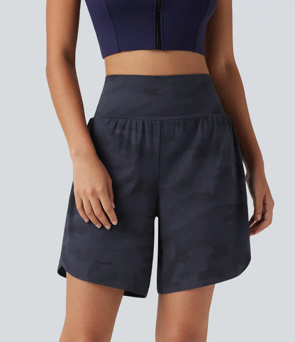 Halara UltraSculpt™ Camo Print High Waisted Tummy Control Curved Hem Running Shorts 7" with Pocket