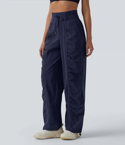 High Waisted Drawstring Ruched Quick Dry Running Straight Leg Baggy Pants with Pockets
