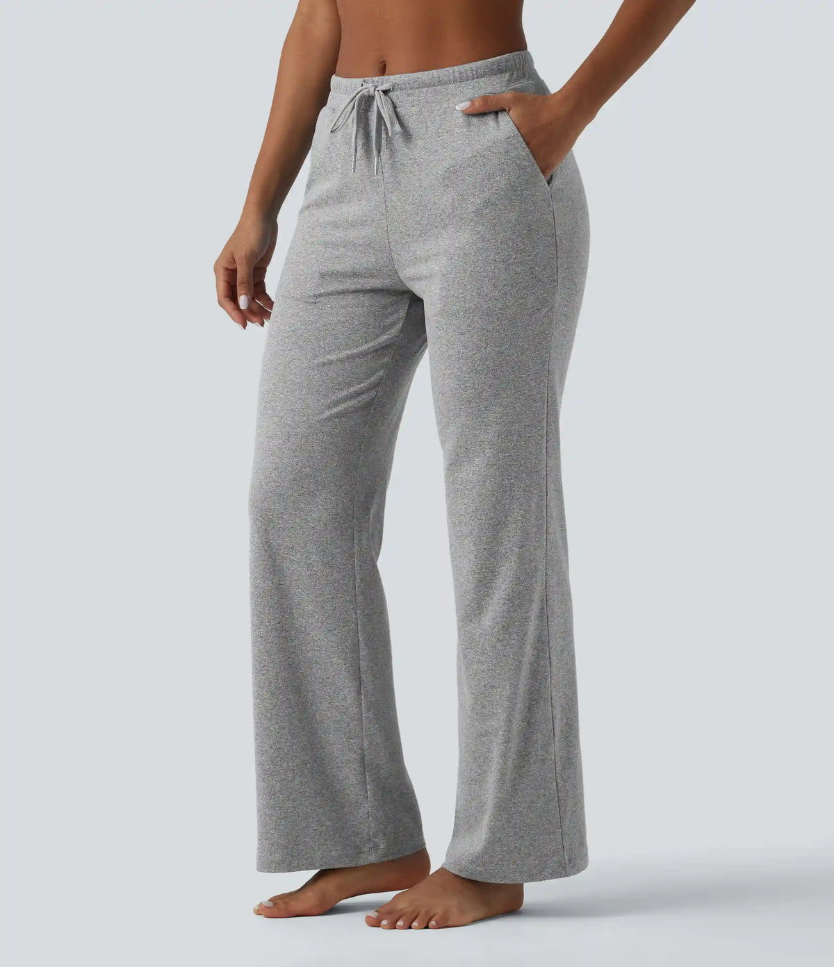 Mid Rise Drawstring Scrunch Heathered Yoga Bootcut Pants with Pockets