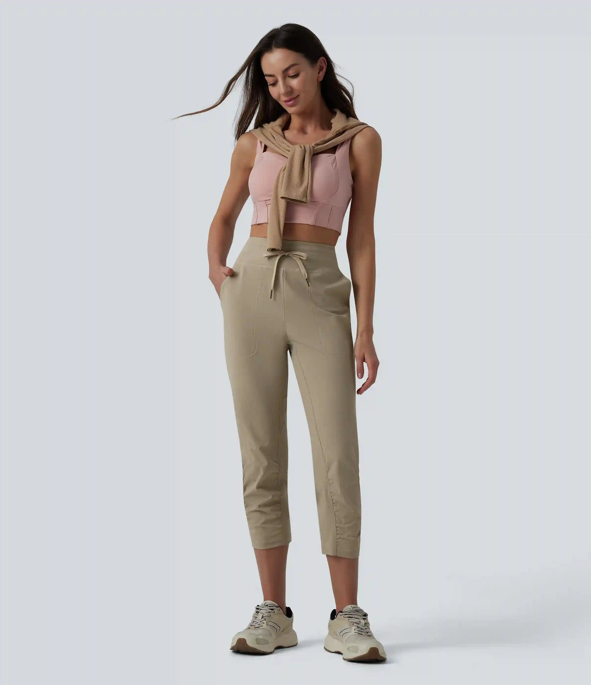 High Waisted Drawstring Ruched Running Cropped Joggers with Pockets