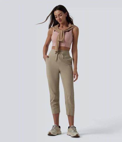 High Waisted Drawstring Ruched Running Cropped Joggers with Pockets