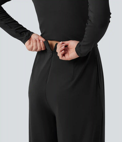 Round Neck Long Sleeve Wide Leg Casual Jumpsuit with Pockets-Easy Peezy Edition