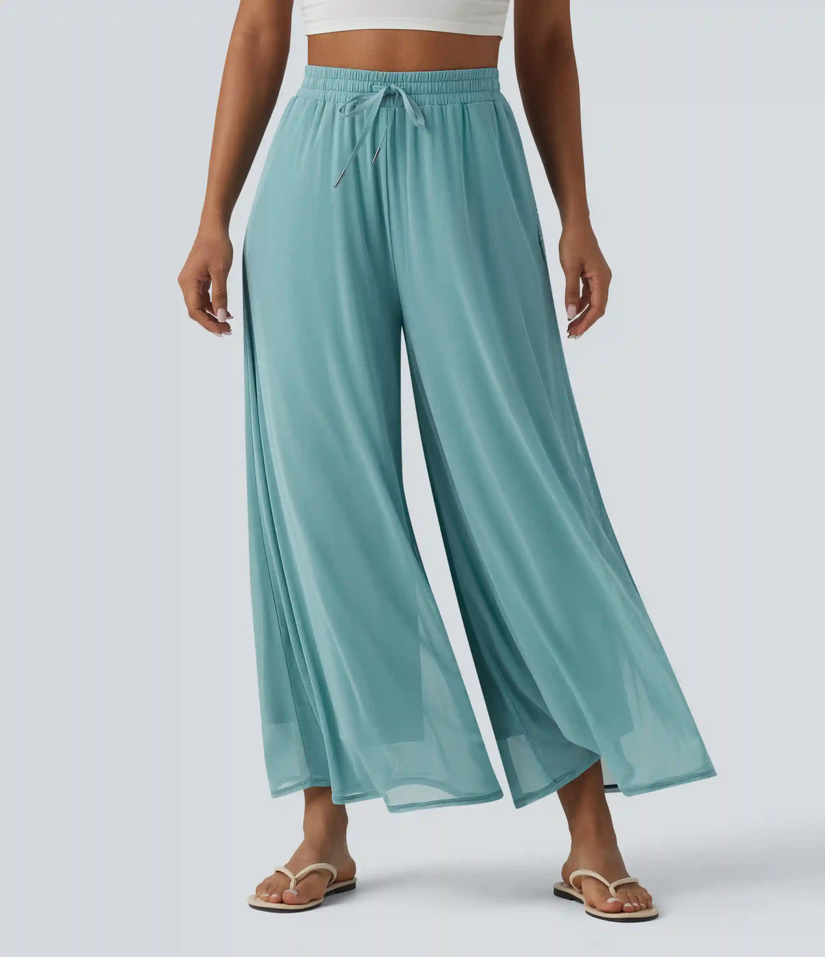 High Waisted Drawstring Wide Leg Flowy Mesh Casual Pants with Pockets