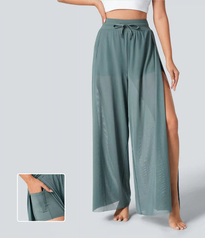 High Waisted Drawstring Contrast Mesh 2-in-1 Pocket Flowy Wide Leg Yoga Pants