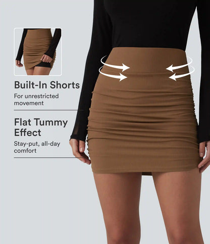 Ribbed High Waisted Tummy Control Ruched Curved Hem 2-in-1 Mini Bodycon Party Skirt