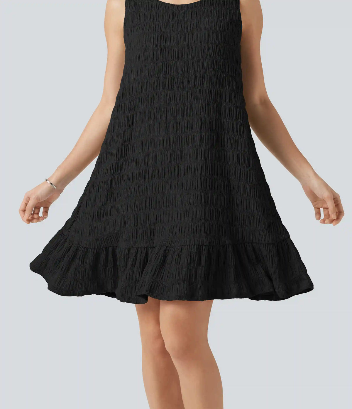 Round Neck Built-in Bra Sleeveless Ruffle Hem Mini Casual Dress DD-F Cups