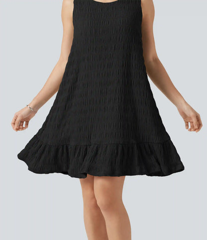 Round Neck Built-in Bra Sleeveless Ruffle Hem Mini Casual Dress DD-F Cups