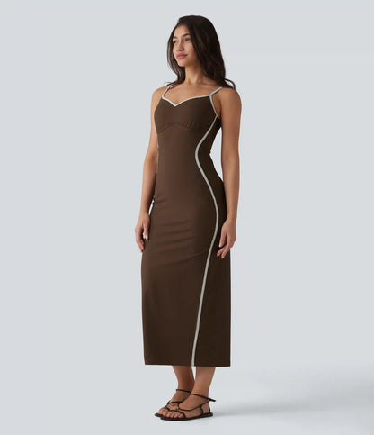 Ribbed Sweetheart Neck Non-Removable Pad Color Block Midi Casual Slip Dress