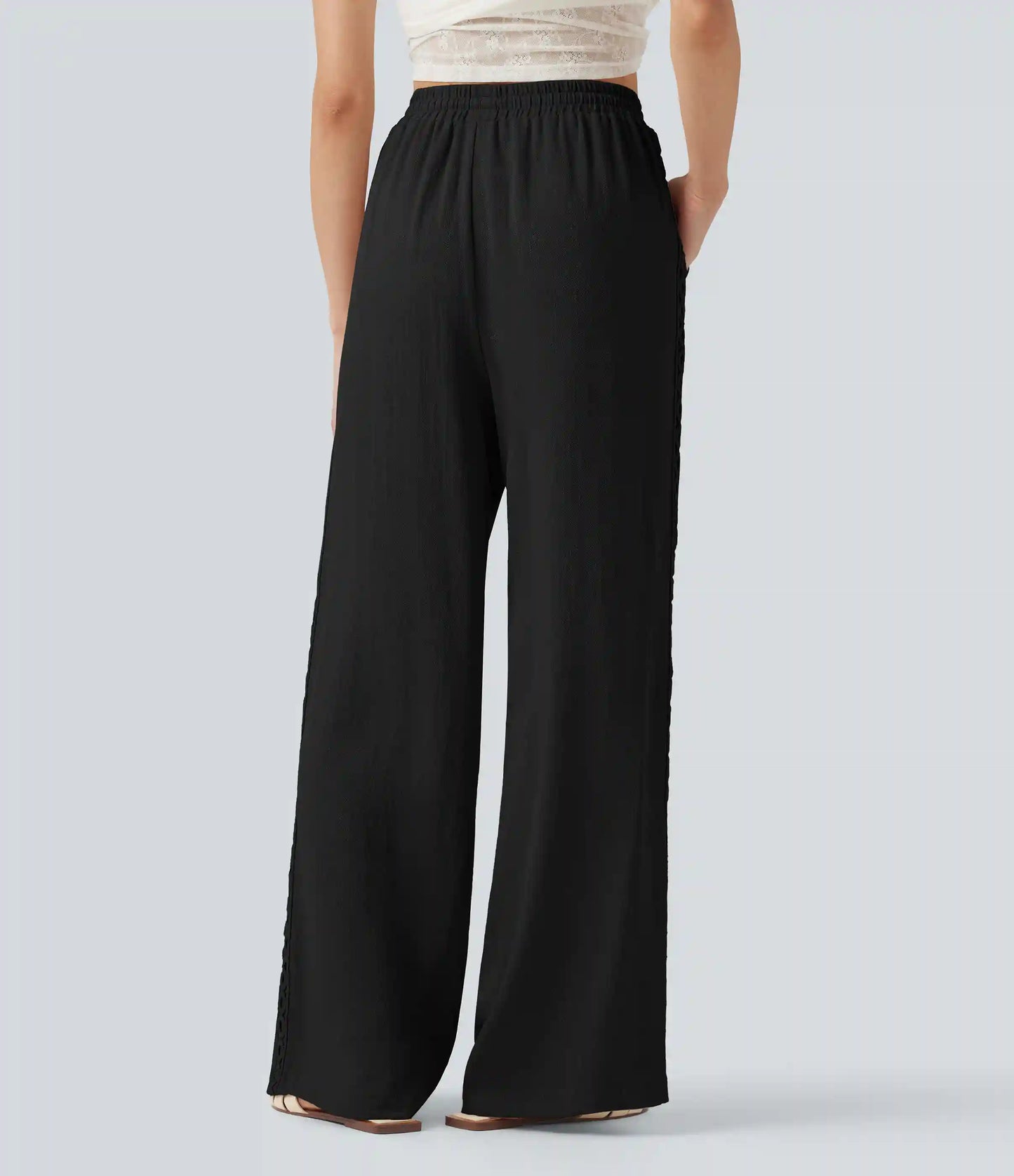 High Waisted Drawstring Casual Linen-Feel Pants with Pockets
