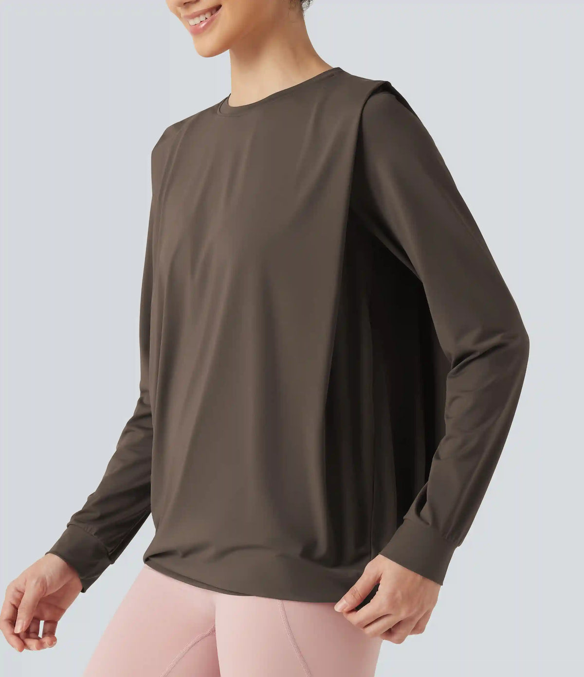 Round Neck Long Sleeve Ruched InstantCool Yoga Sports Top-Longer Length-UPF50+