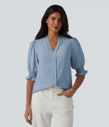 V Neck Puff Short Sleeve Casual Blouse