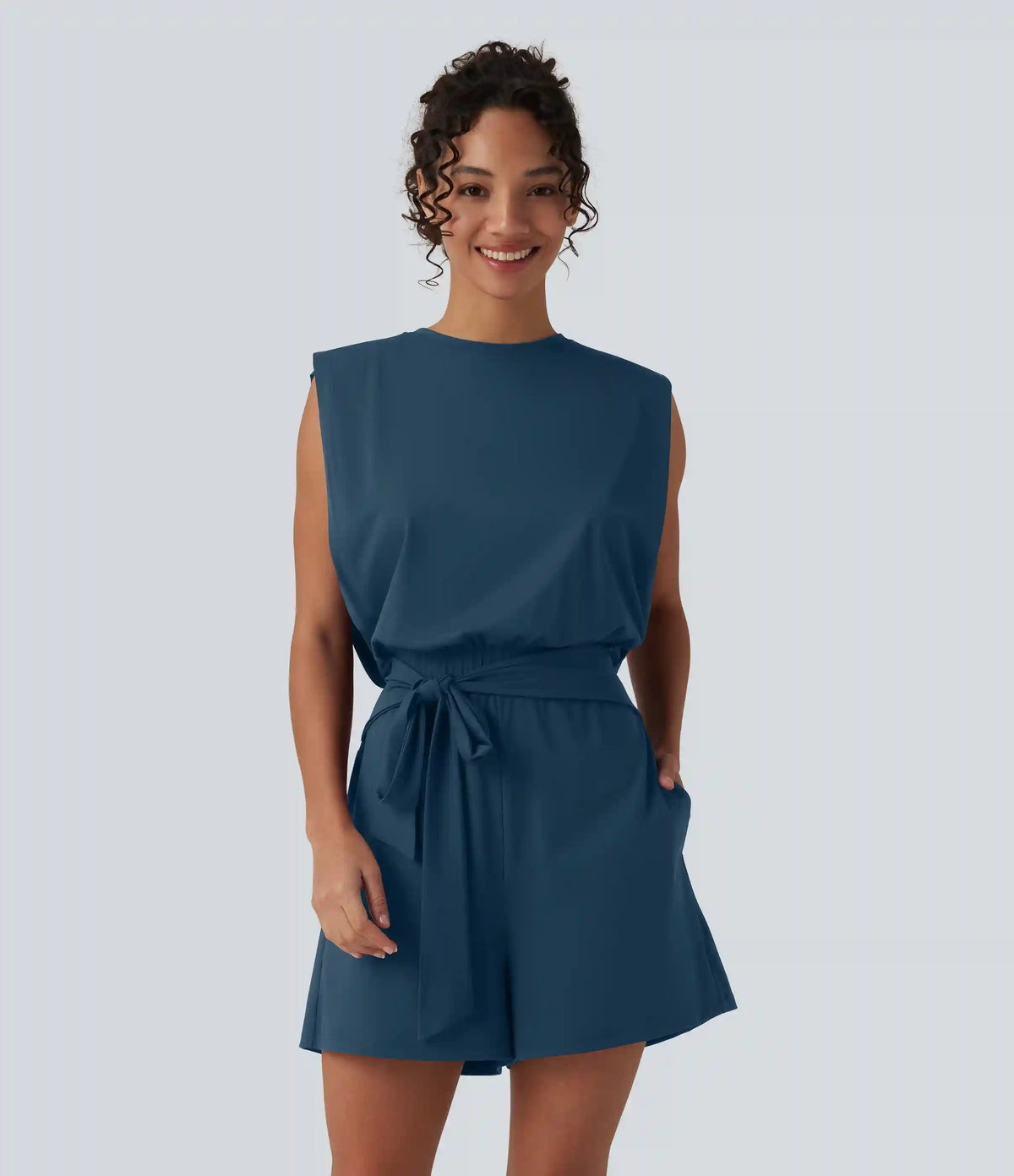 Round Neck Sleeveless Tie-front Cool Touch Casual Romper with Pockets-Easy Peezy-UPF50+
