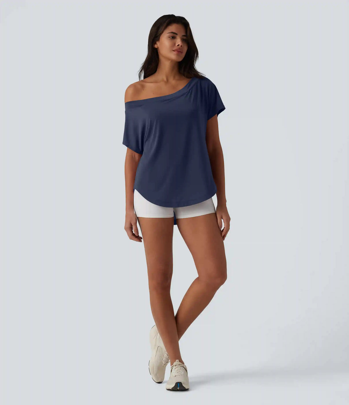One Shoulder Short Sleeve Curved Hem High Low Quick Dry Yoga Sports Top-Built-in Bra