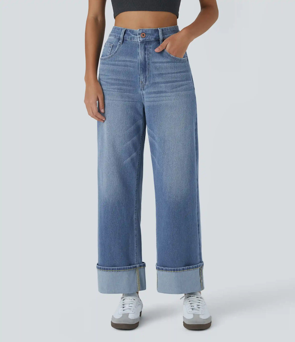 Halara Flex™ High Waisted Pockets Rolled Hem Wide Leg Washed Casual Jeans