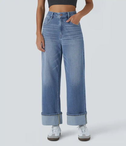 Halara Flex™ High Waisted Pockets Rolled Hem Wide Leg Washed Casual Jeans