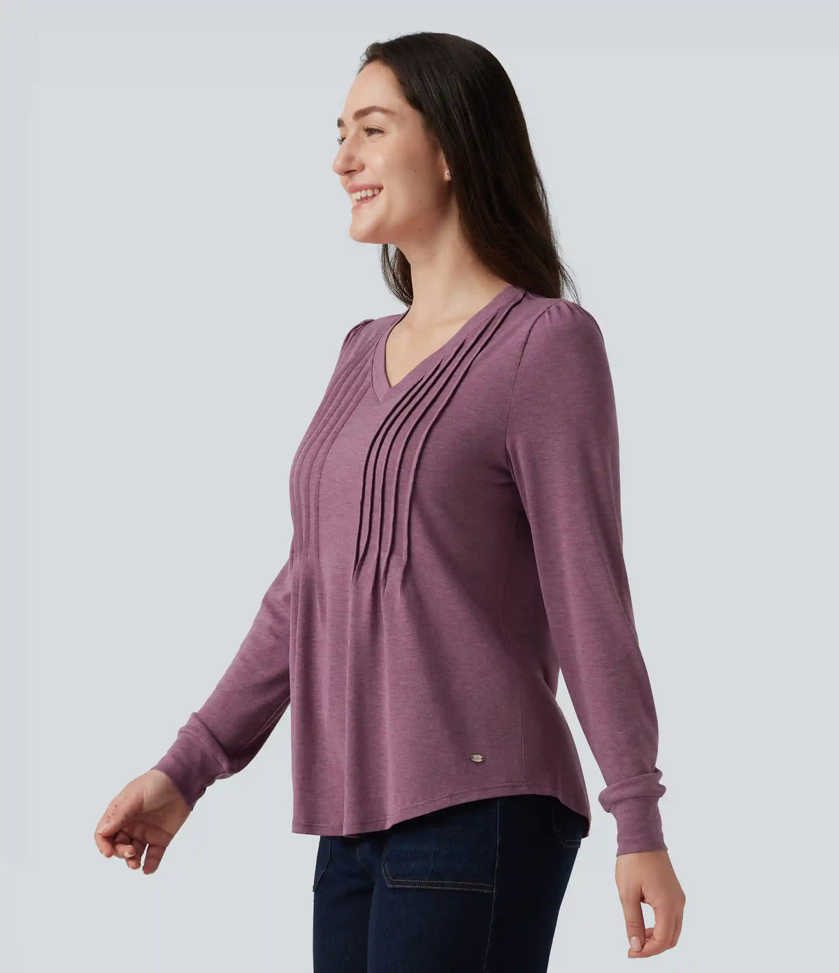 V Neck Long Sleeve Heathered Casual Top