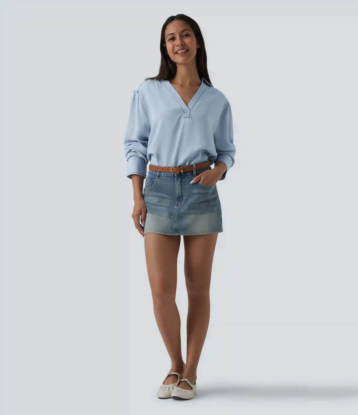 V Neck Long Sleeve Denim Casual Blouse