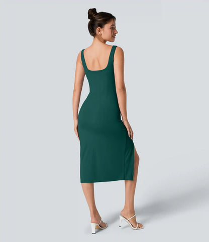 SoftlyZero™ Airy Square Neck Backless Corset Ruched Split Bodycon Midi InstantCool Bridesmaid and Wedding Guest Dress