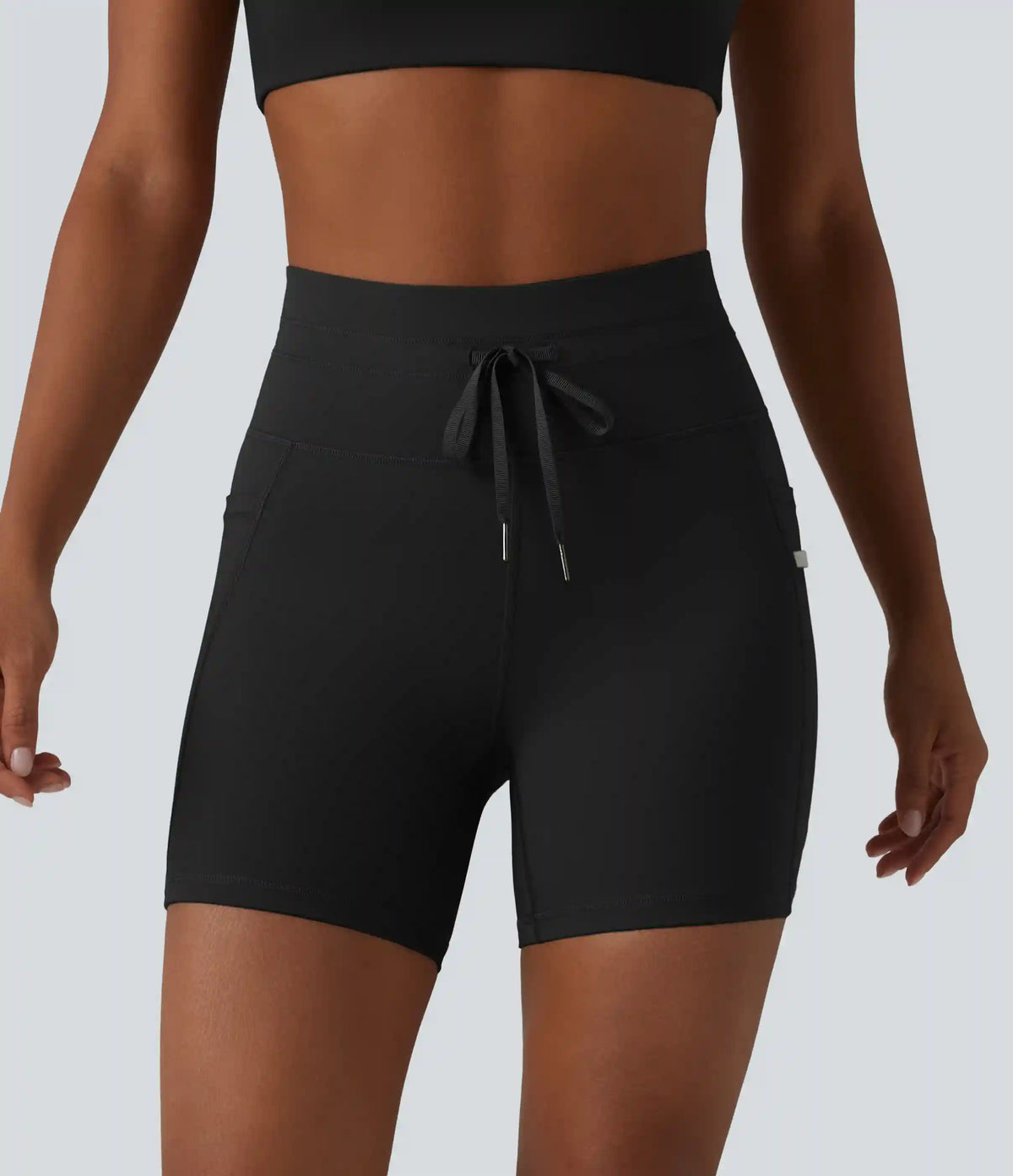 High Waisted Drawstring Plain Yoga Biker Shorts 5'' with Pockets