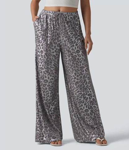 Mid Rise Drawstring Baggy Leopard Print Casual Pants with Pockets