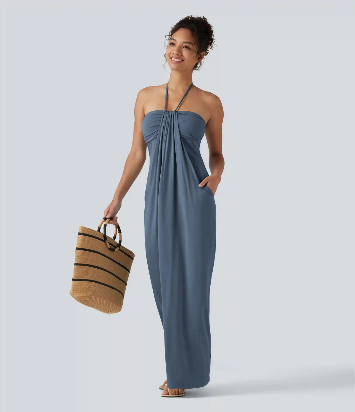 Halter Tie Back Built-in Bra Maxi Dress with Pockets