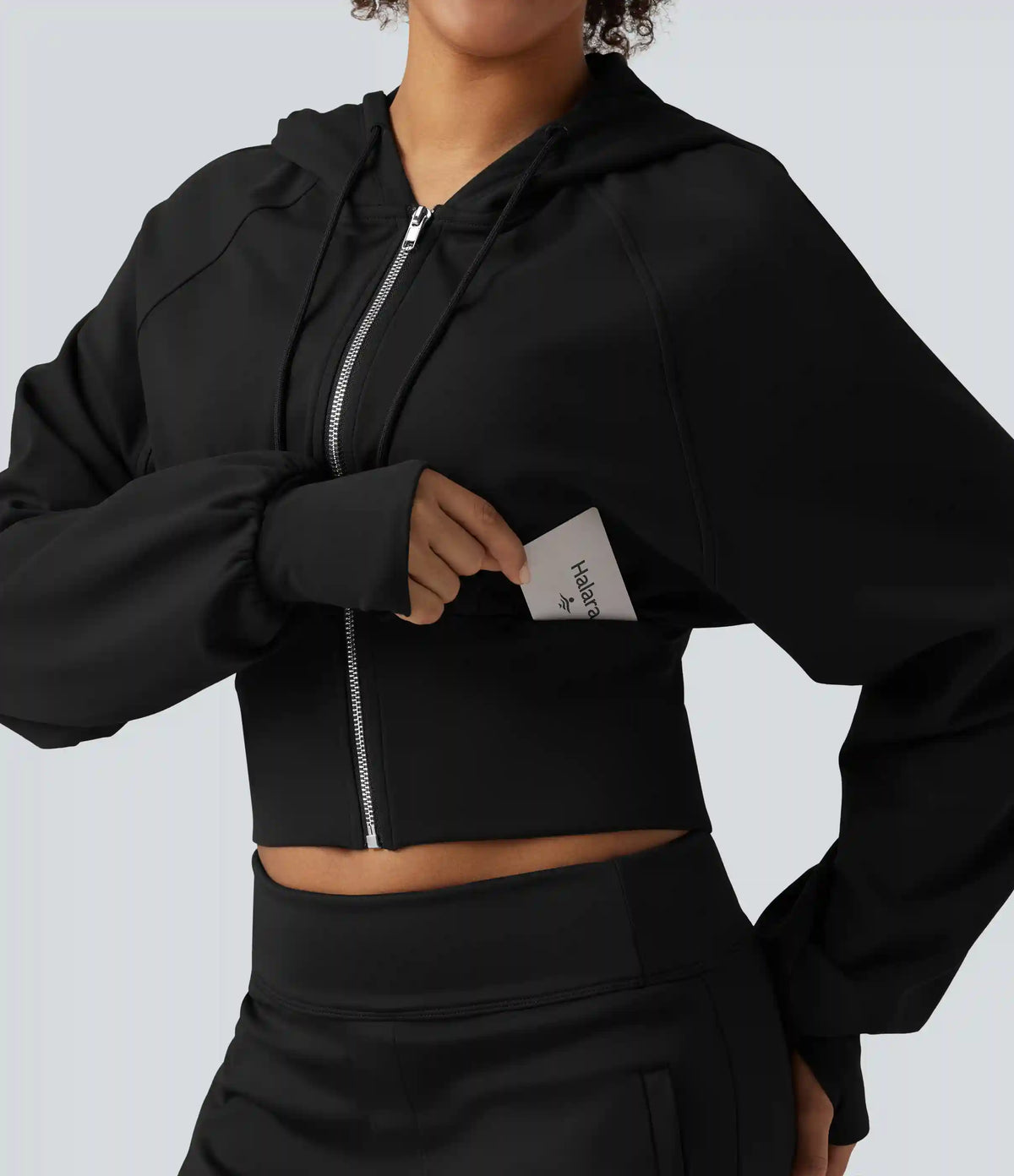 Hooded Raglan Sleeve Cropped Yoga Jacket with Hidden Pocket and Thumb Holes