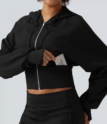 Hooded Raglan Sleeve Cropped Yoga Jacket with Hidden Pocket and Thumb Holes