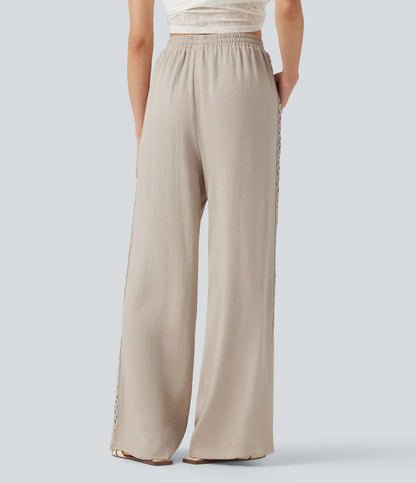 High Waisted Drawstring Casual Linen-Feel Pants with Pockets
