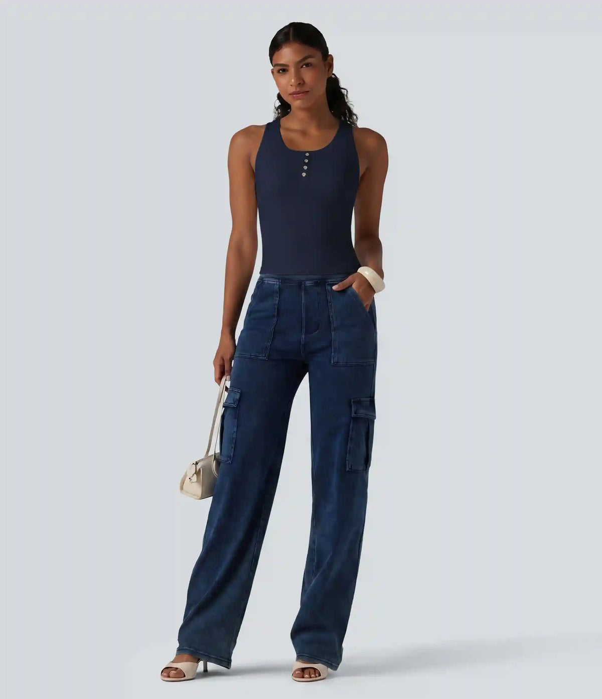 Ribbed Knit Round Neck Built-in Bra Casual Tank Top