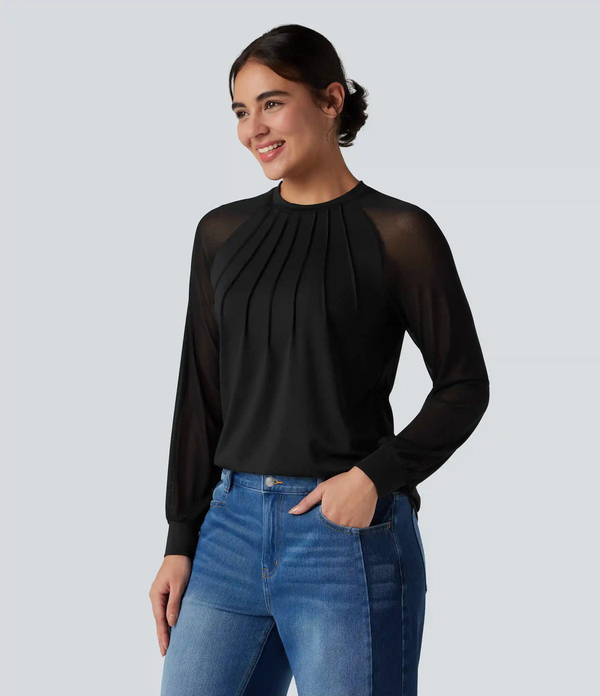 Round Neck Raglan Long Sleeve Contrast Mesh Casual Blouse