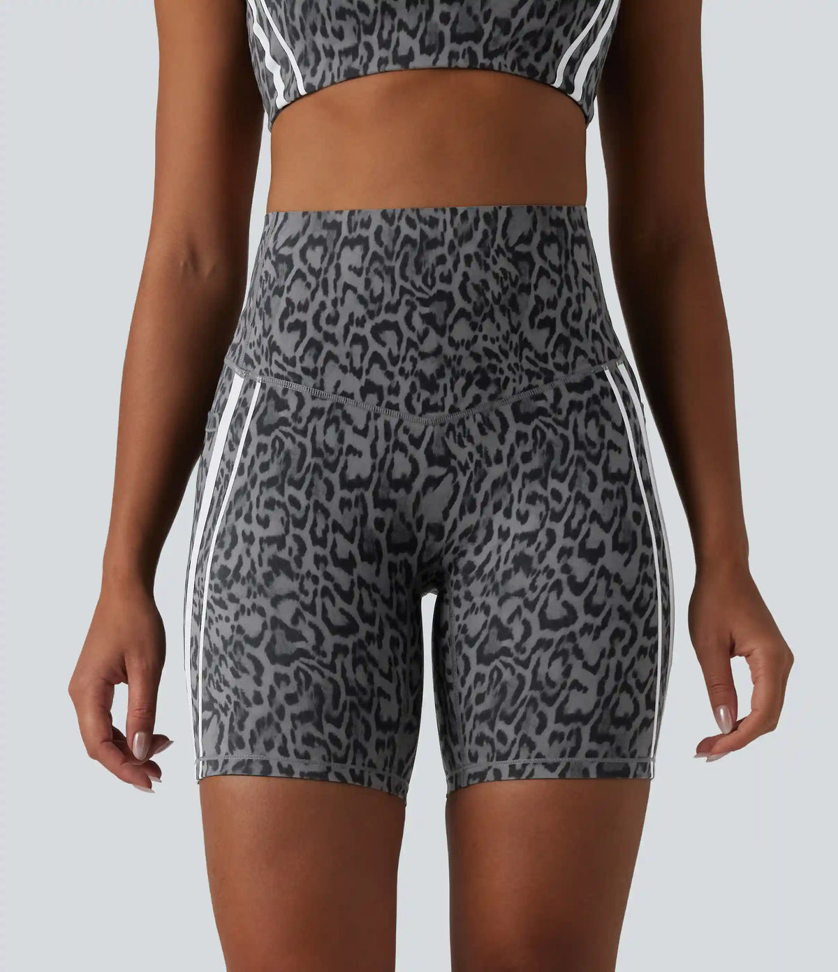 Halara UltraSculpt™ Leopard Print High Waisted Tummy Control Color Block Stripes Training Biker Shorts 7'' with Pockets