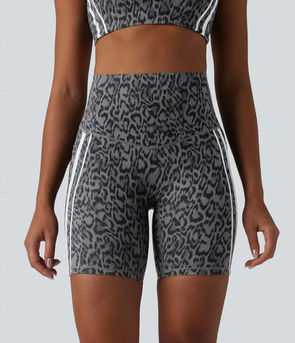 Halara UltraSculpt™ Leopard Print High Waisted Tummy Control Color Block Stripes Training Biker Shorts 7'' with Pockets