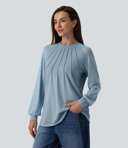 Round Neck Raglan Long Sleeve Contrast Mesh Casual Blouse